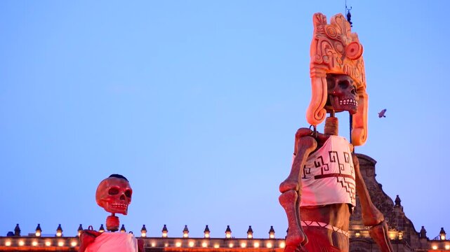  Giant skeletons in Zocalo during dusk, creating an eerie cultural scene 