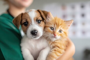 Adorable Puppy And Kitten Being Held By Caregiver In Green Uniform, Cute Bond, Warm Pet Companionship For Family And Home
