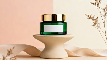 a rich green cosmetic jar with a reflective gold lid, minimalist white label, positioned on sculpted matte ceramic pedestal in soft beige tones