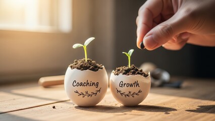 Hand nurturing sprouts in eggshells labeled "Coaching" and "Growth" on a rustic wooden background, concept for human resources development, coaching services and startup business growth