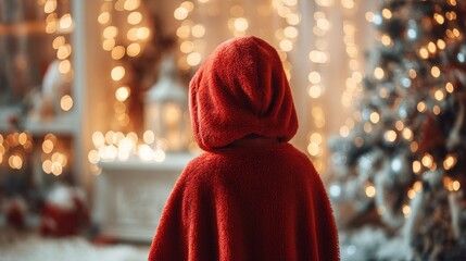 Child in red cloak gazes at sparkling tree in a cozy room Wishing you a joyful holiday season