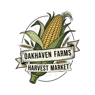 An illustrative logo featuring an ear of corn with husks, wheat stalks, and a banner displaying 'Oakhaven Farms Harvest Market' text, set within a circular outline, in a vintage style.