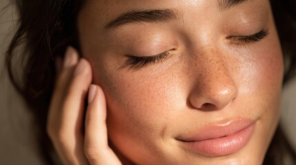 A detailed image of a young woman with radiant skin softly caressing her face perfect for beauty and wellness promotions