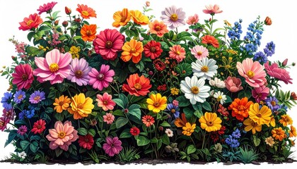 Fototapeta premium Vibrant Flower Garden in Full Bloom Displaying Pink Red Orange Yellow and White Petals with Green Foliage Background Detailed Outdoor Nature Scene