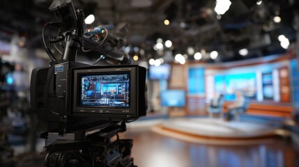 A television camera captures a studio set where hosts will soon present news. The set has bright lights and monitors. Empty chairs are waiting for the presenters.