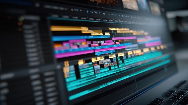 A timeline in video editing software displays multiple clips colors and audio tracks for an ongoing project. The user can arrange and edit footage seamlessly.