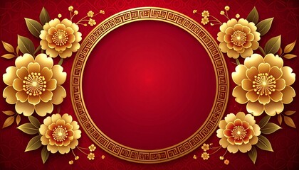 Vibrant red background with golden flowers and ornate circle frame