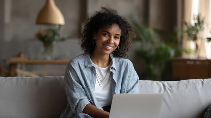 Virtual tutoring idea with a cheerful black female instructor teaching a student via webcam from her couch