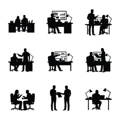 Office workers collaborating and working together at their desks in a modern office environment from various viewpoints