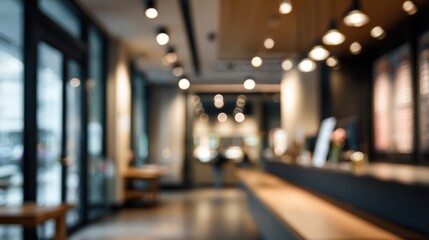 Fototapeta premium Cafe or restaurant interior appearing blurred with a long counter and window, abstract background providing soft bokeh lights and a welcoming ambiance