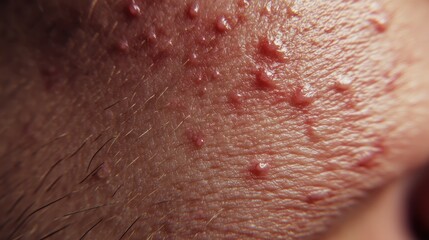 Fototapeta premium Intense close up of irritated skin featuring red blemishes and whiteheads highlighting texture and imperfections related to dermatology and skincare