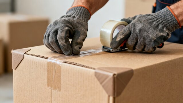 the hands of  professional mover wearing gloves, carefully sealing a cardboard box without any writing or labels using high-quality packing tape