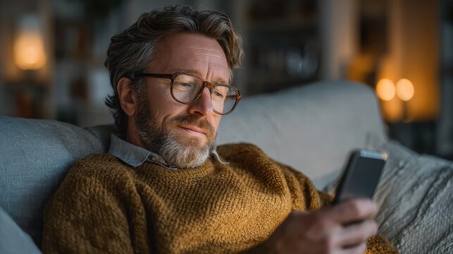 Middle aged man in glasses lounging on a couch checking emails on his smartphone