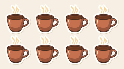 Vector template set of sticker characters featuring a steaming hot cup of chocolate with a flat design style, incorporating a bold color scheme and minimalis