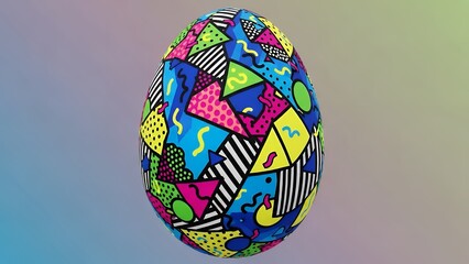 Vibrant 3D Easter egg covered in abstract geometric Memphis style patterns on a gradient background, concept for digital marketing, festive design and retro aesthetics