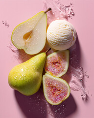 Flat lay of pear and fig slices with ice cream on pink background