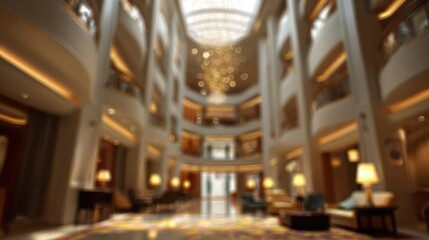 Luxurious hotel lobby interior with elegant design and warm lighting, creating a high end atmosphere for guests and business, featuring bokeh lights and a grand atrium