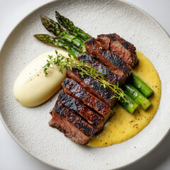 Gourmet steak with asparagus and creamy puree on white plate
