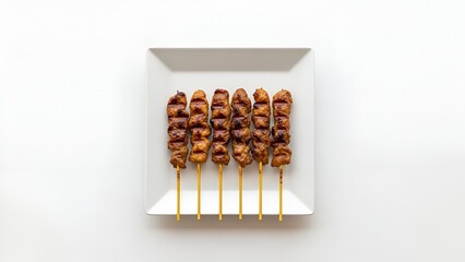 Grilled Chicken Skewers on a White Plate, Top View.