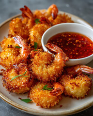 Crispy fried shrimp with spicy dipping sauce on plate