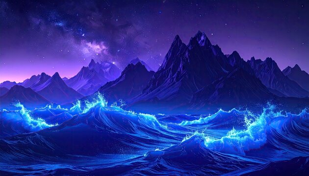 Vast Cosmic Ocean with Digital Mountains Under a Starry Purple Sky and Glowing Blue Waves Representing Futuristic AI Exploration - Powered by Adobe