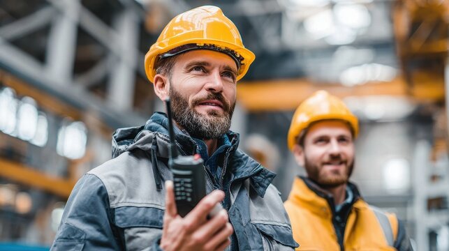 Image of a factory worker and engineer at an industrial site Construction worker with hard hat and two way radio