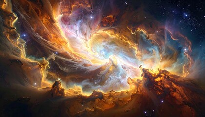 Vast Expansive Celestial Nebula With Swirling Clouds Of Cosmic Dust And Glowing Stars In Deep Space