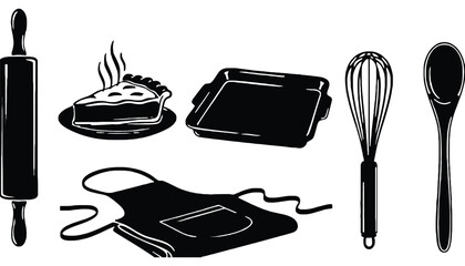 A black and white illustration of a holiday baking set with utensils and treats