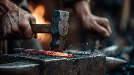 Intense labor Strong hands of a male blacksmith shaping hot metal at an anvil Hammering iron Theme of craftsmanship and traditional trades
