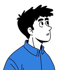 Young man looks upward with curiosity, expectation On white background.