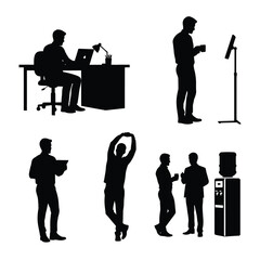 People working and interacting in an office environment viewed from various angles