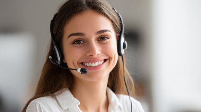 Cheerful call center representative assisting clients with support sales or insurance inquiries
