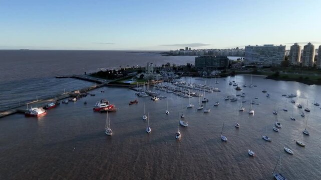 Panoramic view of Buceo Bay and the coastline of Montevideo. Yacht harbor and modern city skyline in Uruguay.