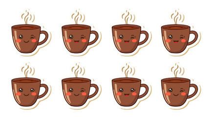 template set of sticker characters featuring a steaming hot cup of chocolate with a flat design style, incorporating a bold color scheme and minimalis with png Transparent 