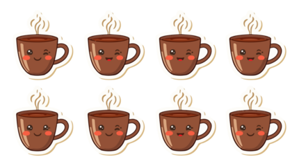 template set of sticker characters featuring a steaming hot cup of chocolate with a flat design style, incorporating a bold color scheme and minimalis with png Transparent 