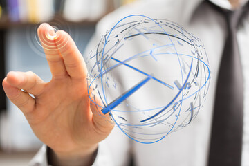 Person interacting with a virtual network representing global connection, modern technology, and future of business and communication.