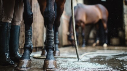 Rider cleans horse s legs with a hose in the stable yard after riding wearing boots and soaking the ground