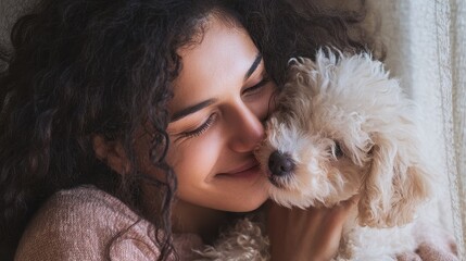 Family friend Happy woman with curly hair interacts joyfully with her dog A small purebred puppy kisses its owner Adopted pet Genuine affection