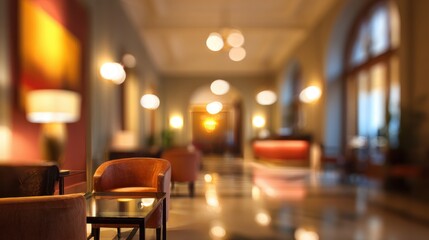 Lobby interior with blurred warm lights creating an inviting luxurious atmosphere, offering elegance and comfort in a high end hotel or resort