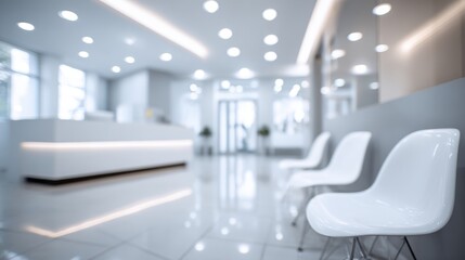 Modern medical facility reception area with bright illumination. Featuring a clean white counter and empty chairs in a blurred waiting room