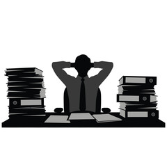 A stressed office worker surrounded by piles of documents and files in a cluttered workspace