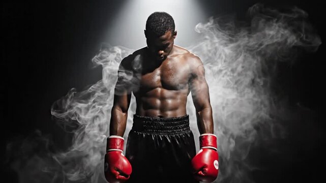 Strong boxer in red gloves standing in dramatic smoky atmosphere
