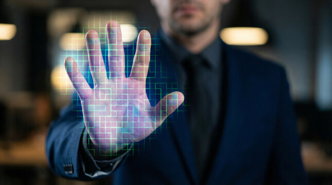 Person hand identified technology. Data analyze innovation. Pixel grid online decoder program. Algorithm digital transformation - Powered by Adobe