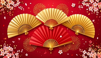 Vibrant Chinese fans and cherry blossoms in red background for festive designs