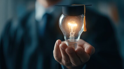 Person grasping a lightbulb symbolizing learning creativity and problem solving online education and degree certification