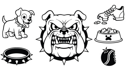 A black and white illustration of a bulldog and dog items