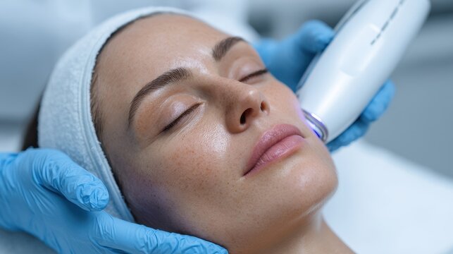 IPL laser acne therapy for a woman s face at a dermatology clinic focusing on cheekbones with ultrasound equipment Skincare laser procedure