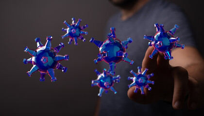 3D render of a hand interacting with a floating virus illustration. Science, medicine, and...