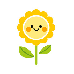 Cute Smiling Sun Flower Cartoon Illustration with Green Leaves