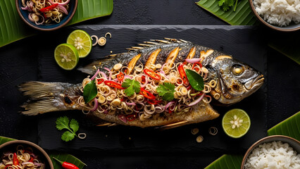 A beautifully presented fish dish garnished with herbs and spices on a black slate plate surrounded by various side dishes and ingredients